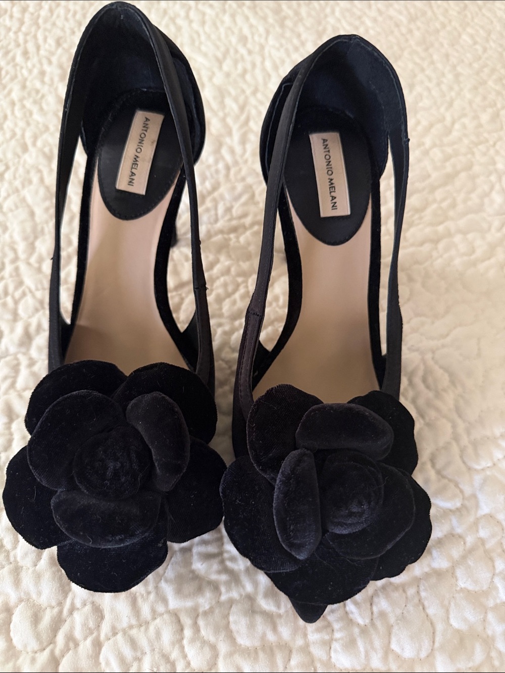 ANTONIO MELANI Black Velvet Floral D'Orsay Pumps